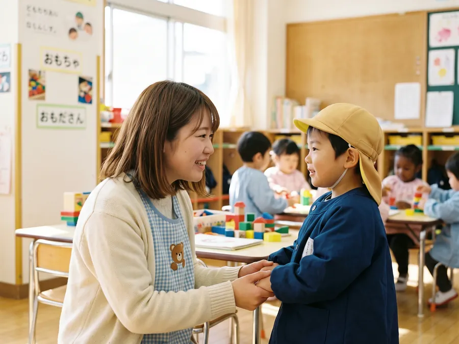保育士と園児が手をつないで話す様子